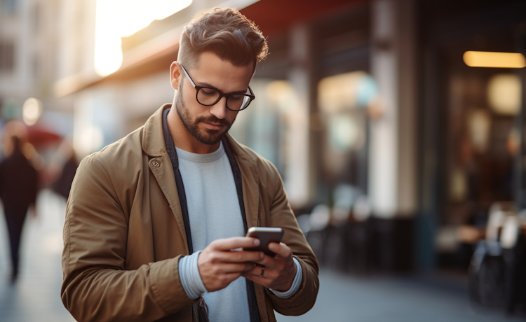 Jonge man met baard kijkt op mobieltje